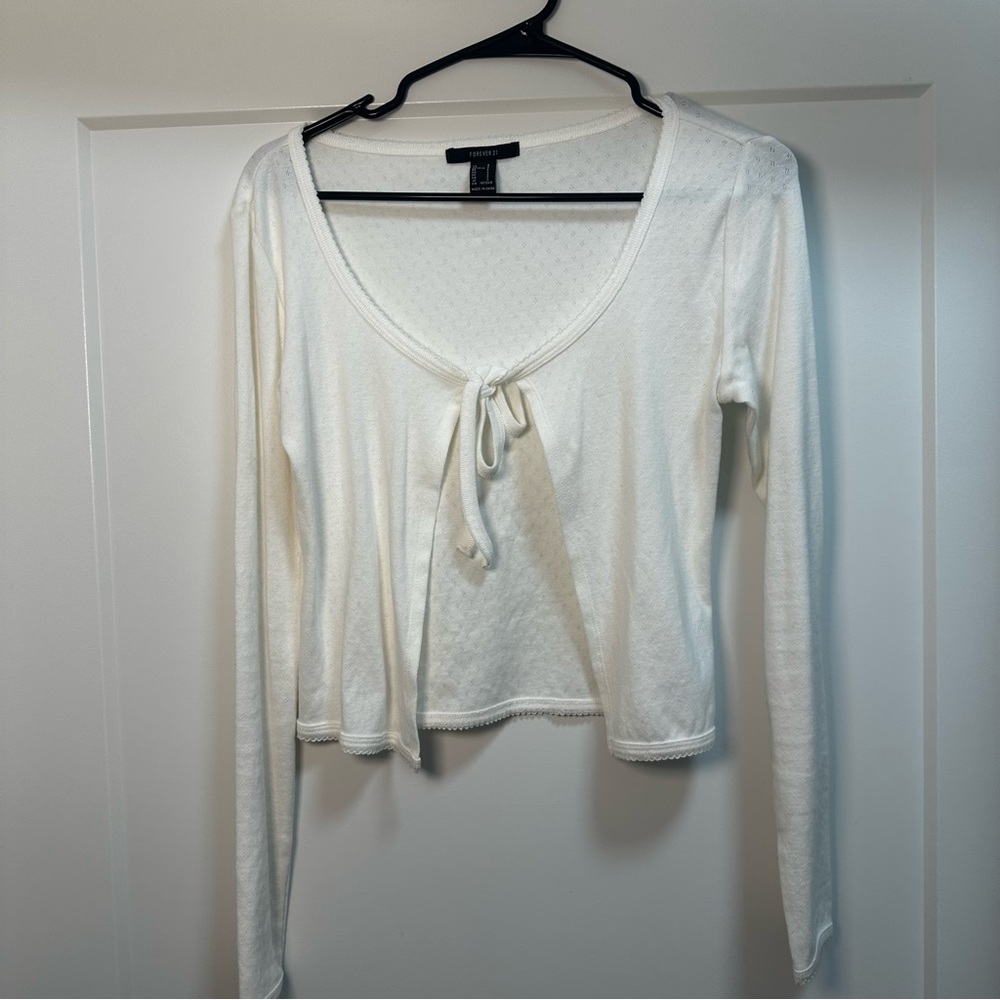 Forever 21 White Tie-Front Long Sleeve Top